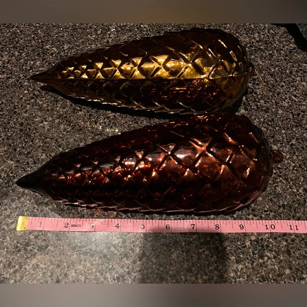 ▪️6 VINTAGE LARGE BLOWN BRONCE AMBER GLASS ORNAMENT PINE CONE